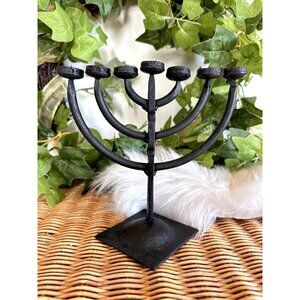 Vintage Hand Forged Cast Iron Jewish Candelabra 7 Branch Menorah